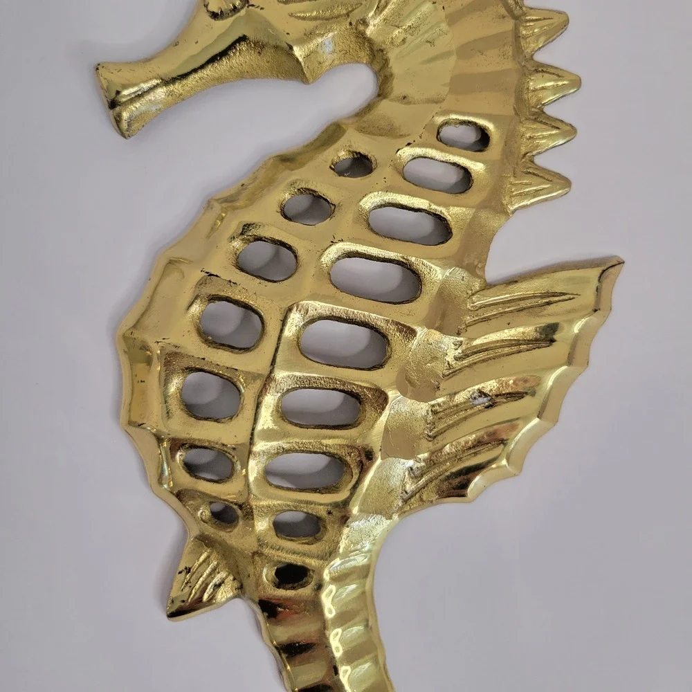 Vintage Solid Brass Sea Horse Wall Hangings Pair 14” & 12” Japan